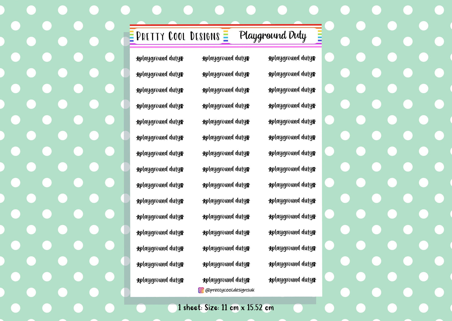 Playground Duty Teacher Planner Stickers UK - 1 Sheet