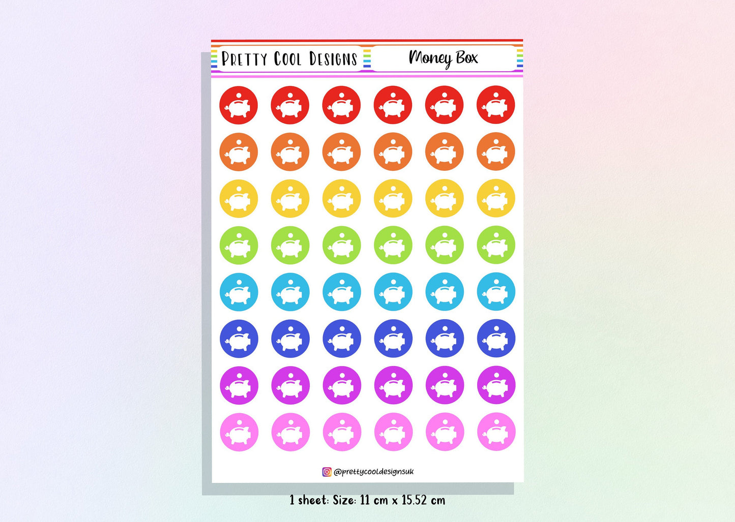 48 Rainbow Money Box Planner Stickers UK - 1 Sheet