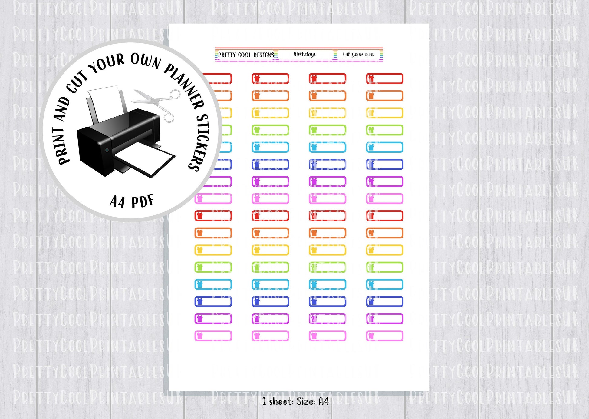 Printable Planner Stickers PDF Print and Cut Birthday Boxes