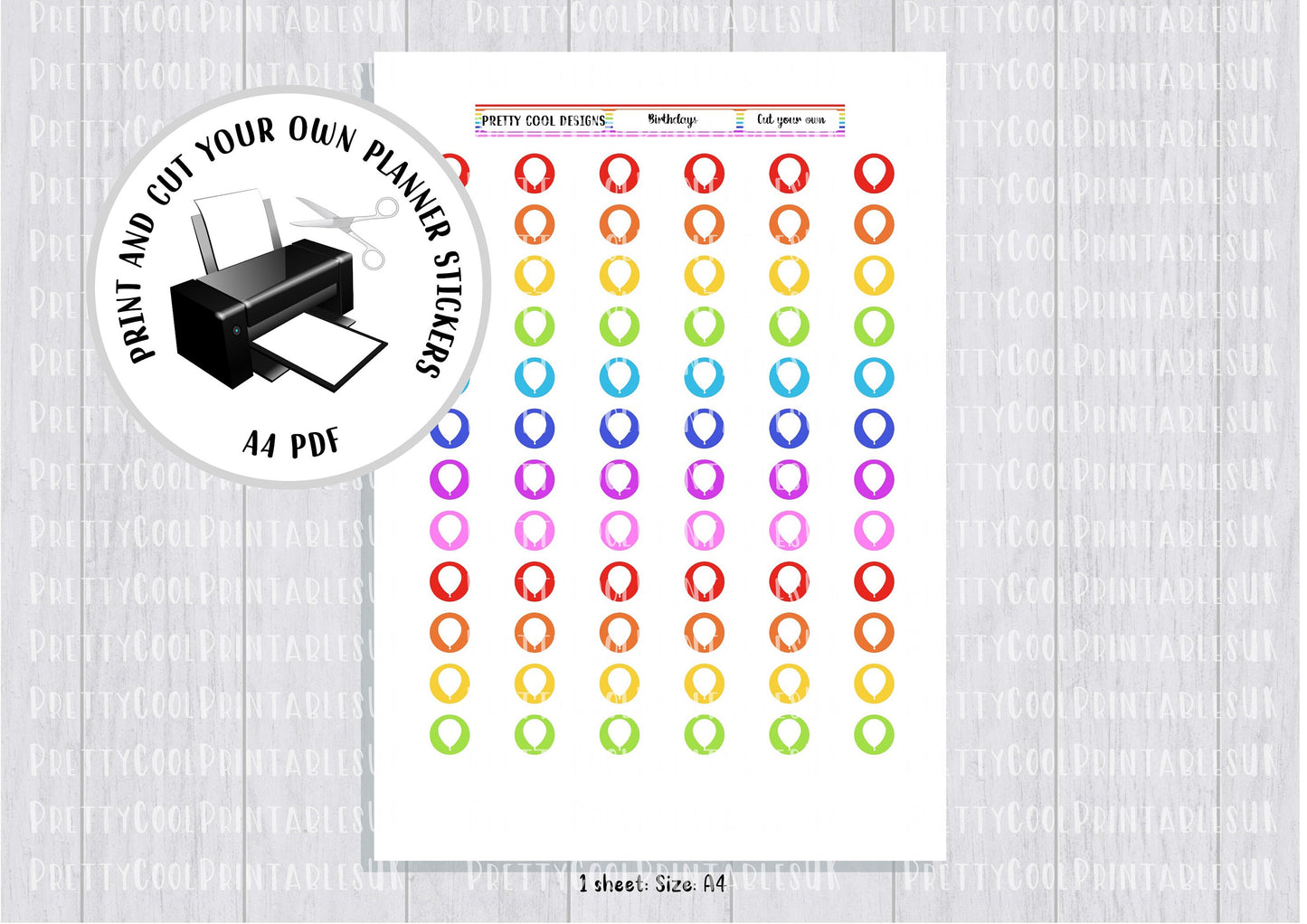 Birthday Balloon Rainbow Printable Planner Stickers PDF Print and Cut