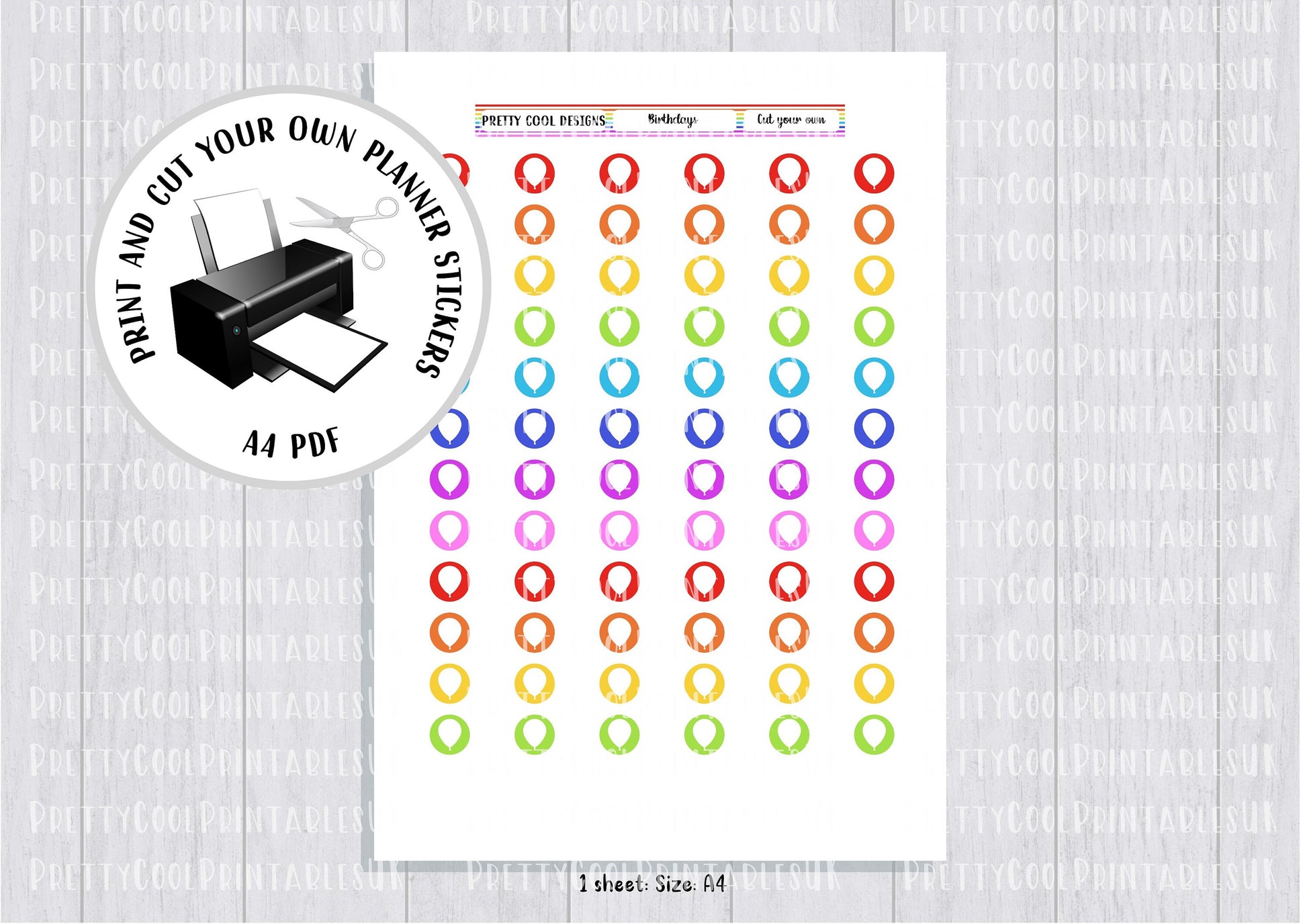 Birthday Balloon Rainbow Printable Planner Stickers PDF Print and Cut