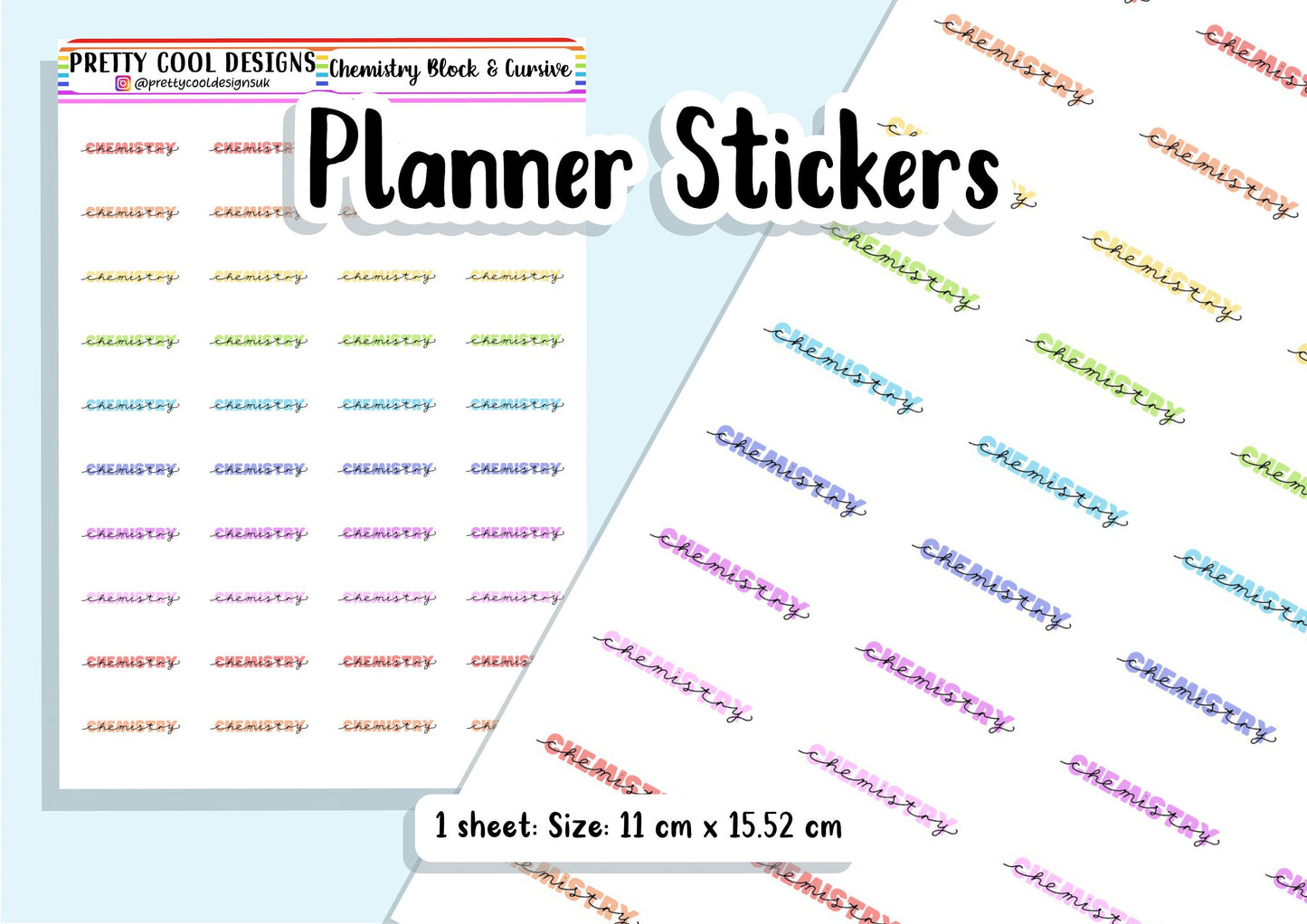 40 Chemistry Science Subject Teacher Student Planner Stickers UK - 1 Sheet - Block and Cursive