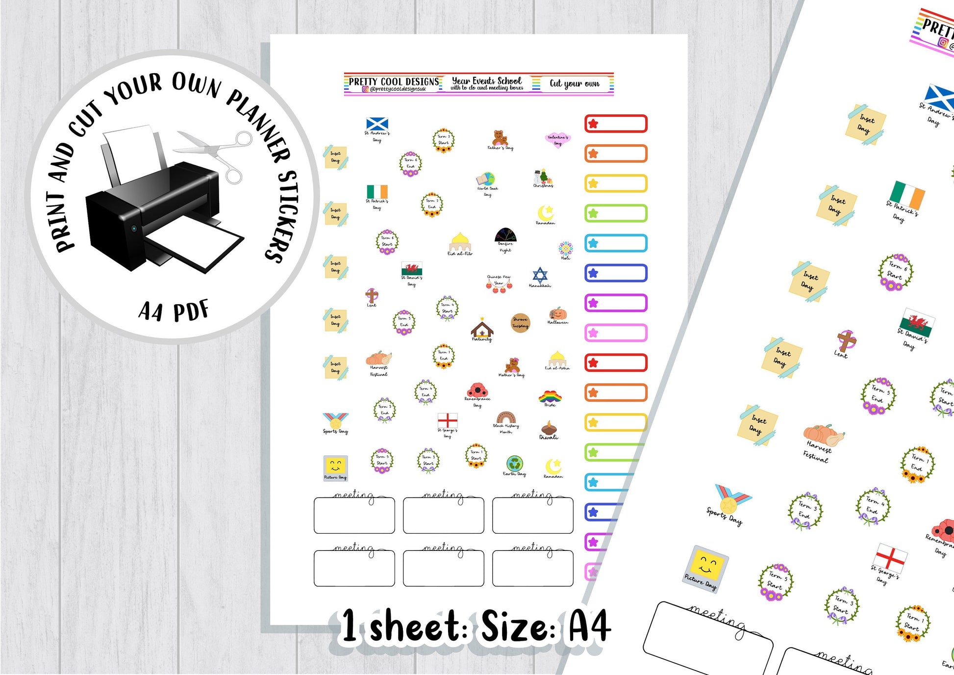 Printable Teacher Planner Stickers PDF Print and Cut Year Events with to do and meeting boxes