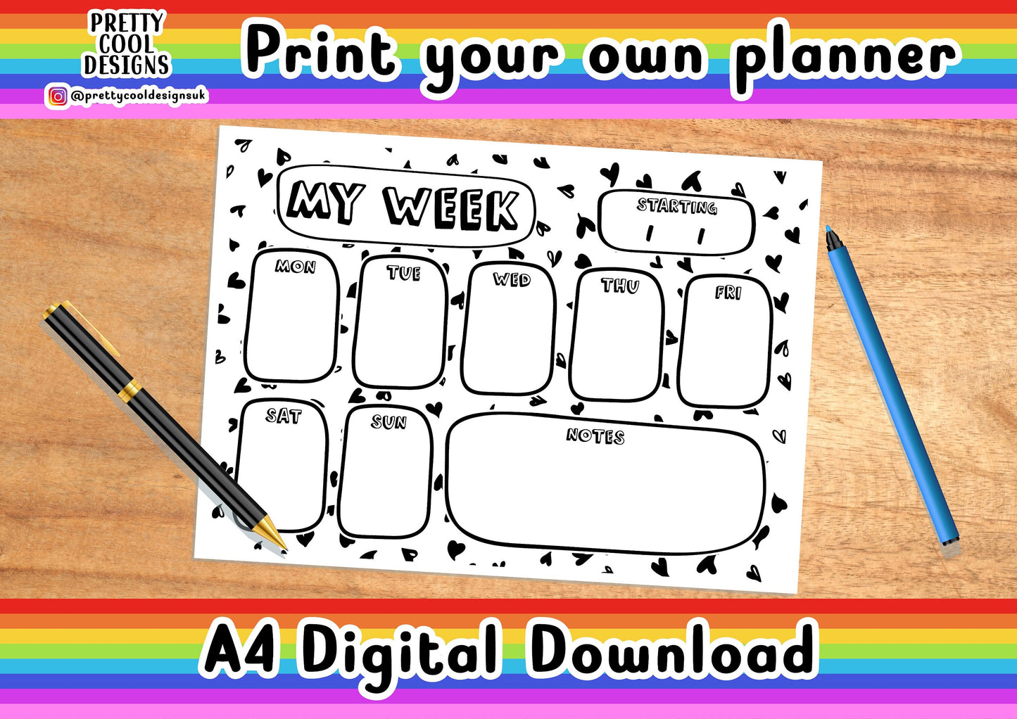 Weekly Desk Planner Printable: Black and White Hearts, A4 (Digital Download)