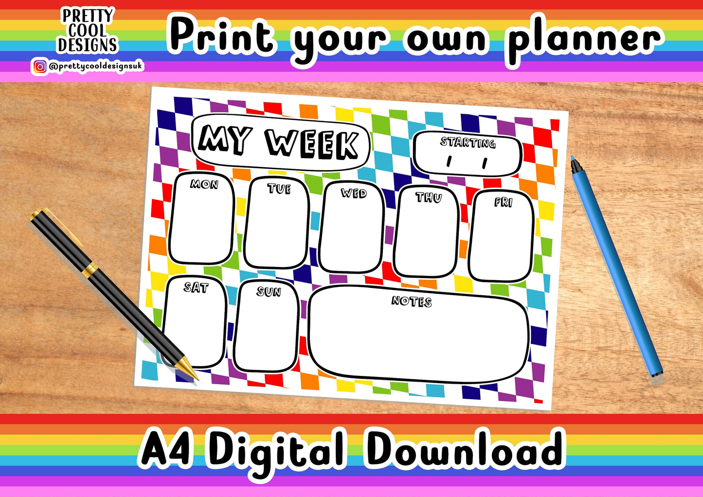 Weekly Desk Planner Printable PDF Digital Download A4 Print Your Own Planner Rainbow Diamond