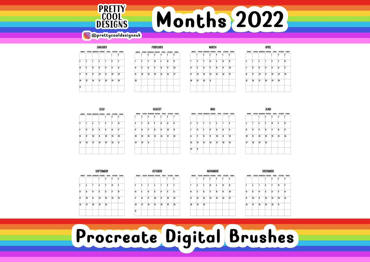 12 Calendar Month Stamp Brushes for Procreate Digital Download