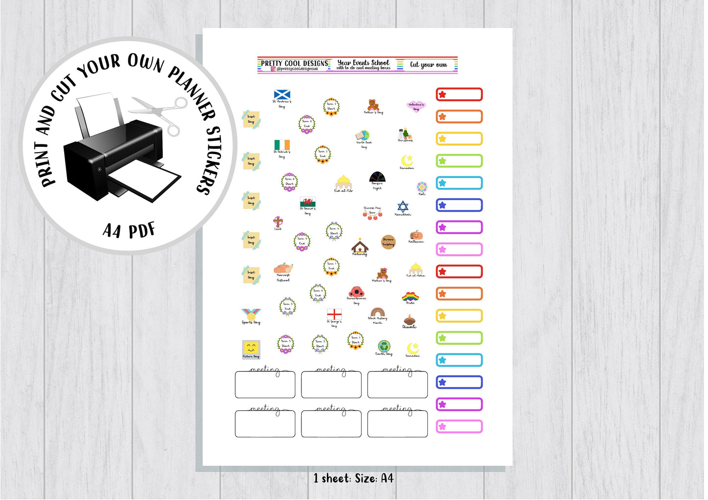 Printable Teacher Planner Stickers PDF Print and Cut Year Events with to do and meeting boxes