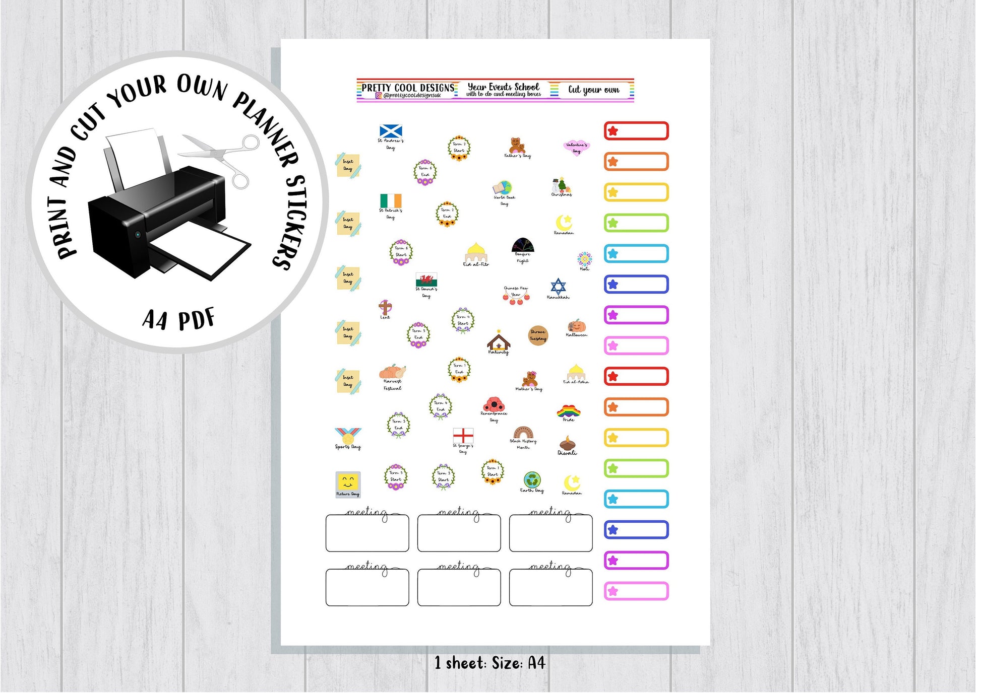 Printable Teacher Planner Stickers PDF Print and Cut Year Events with to do and meeting boxes