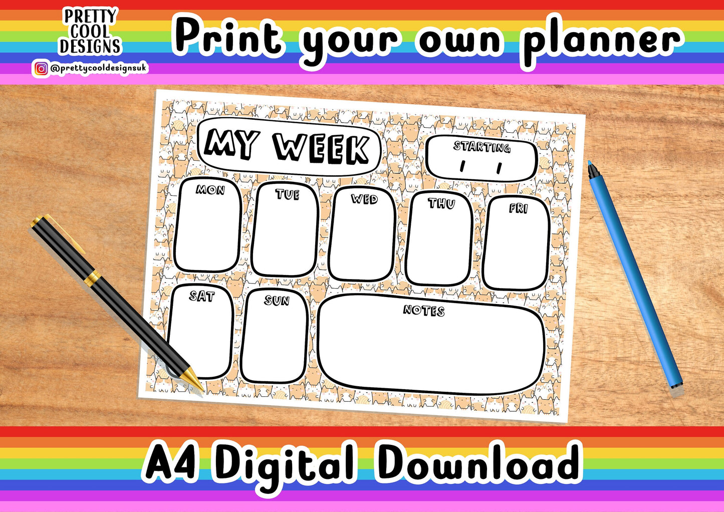 Weekly Desk Planner Printable PDF Digital Download Print Your Own Planner Cats A4