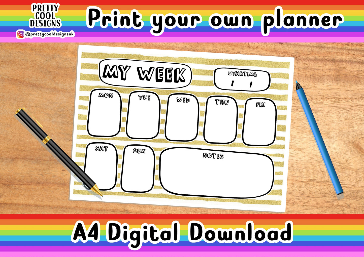 Weekly Desk Planner Printable PDF Digital Download A4 Print Your Own Planner Gold Stripes