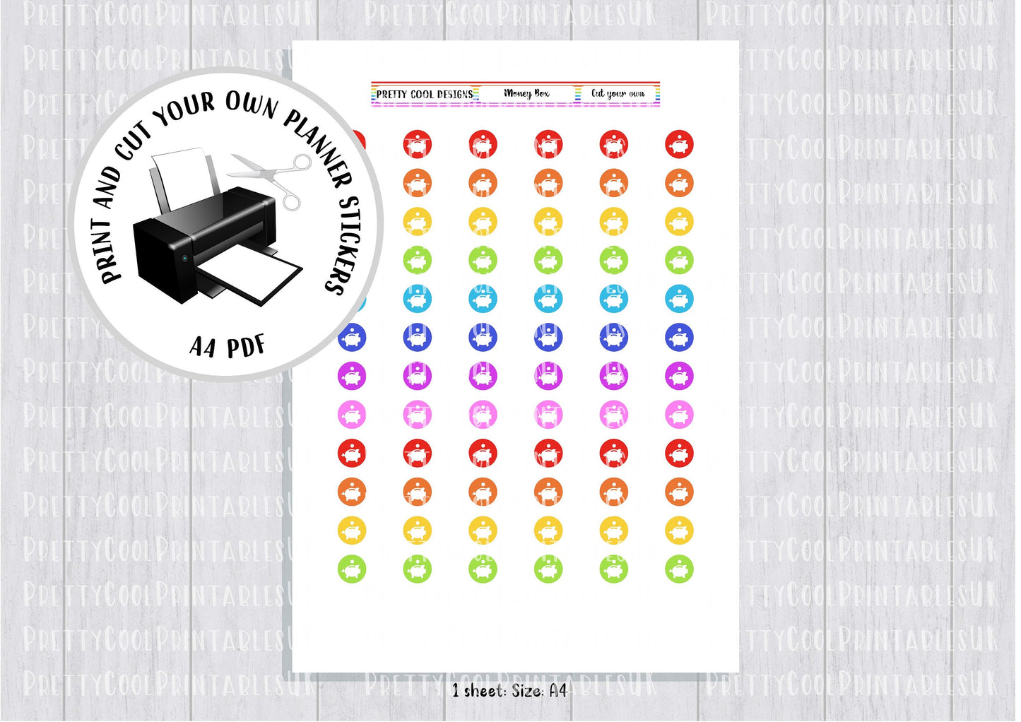 Money Piggy Bank Rainbow Printable Planner Stickers PDF Print and Cut Finances Savings