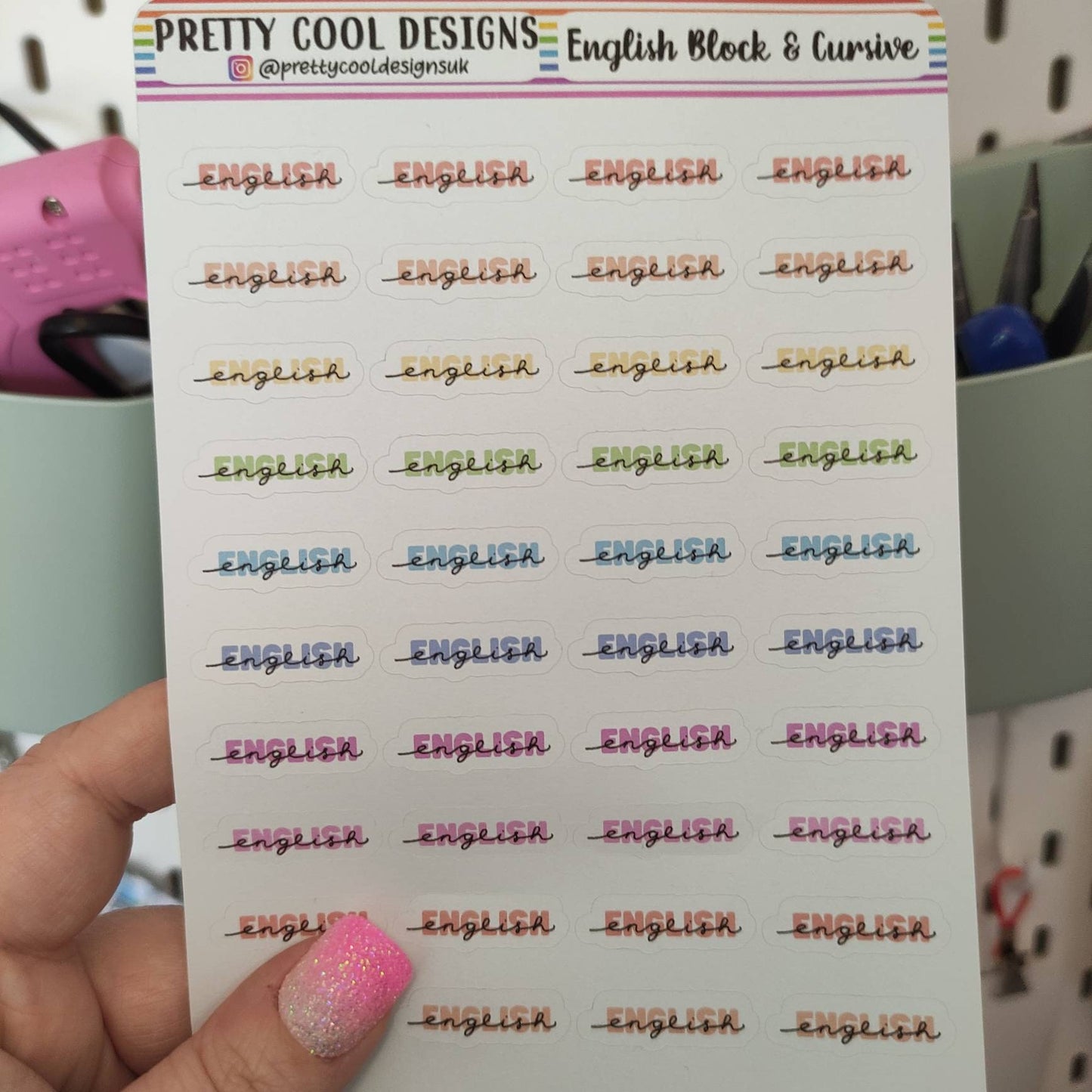 40 English Subject Teacher Student Planner Stickers UK - 1 Sheet - Block and Cursive