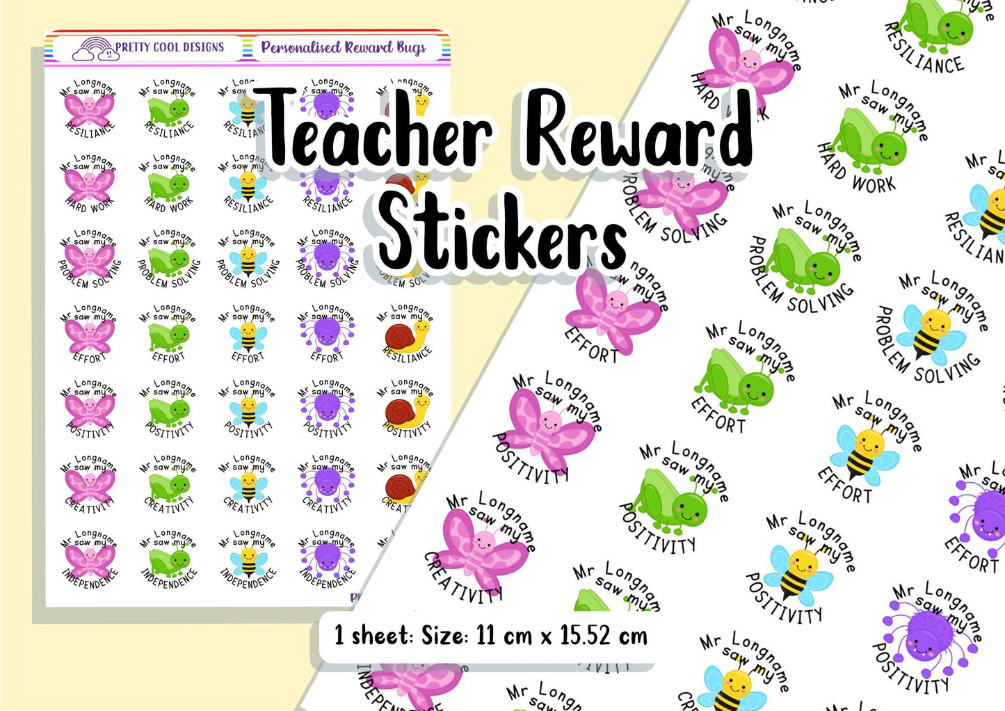 Personalized Teacher Reward Stickers: Growth Mindset Bugs