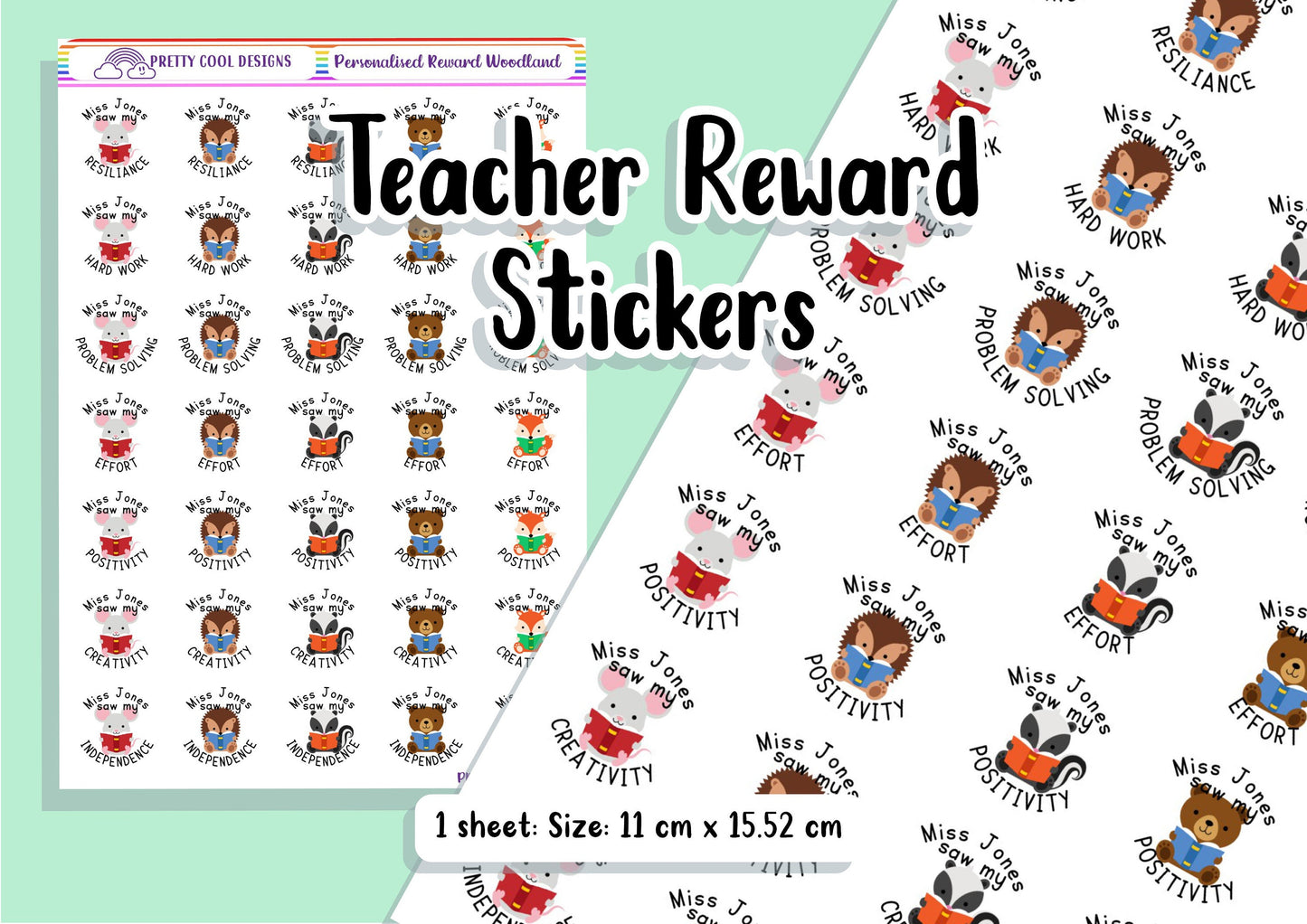 Personalized Teacher Reward Stickers: Woodland Animals, Growth Mindset
