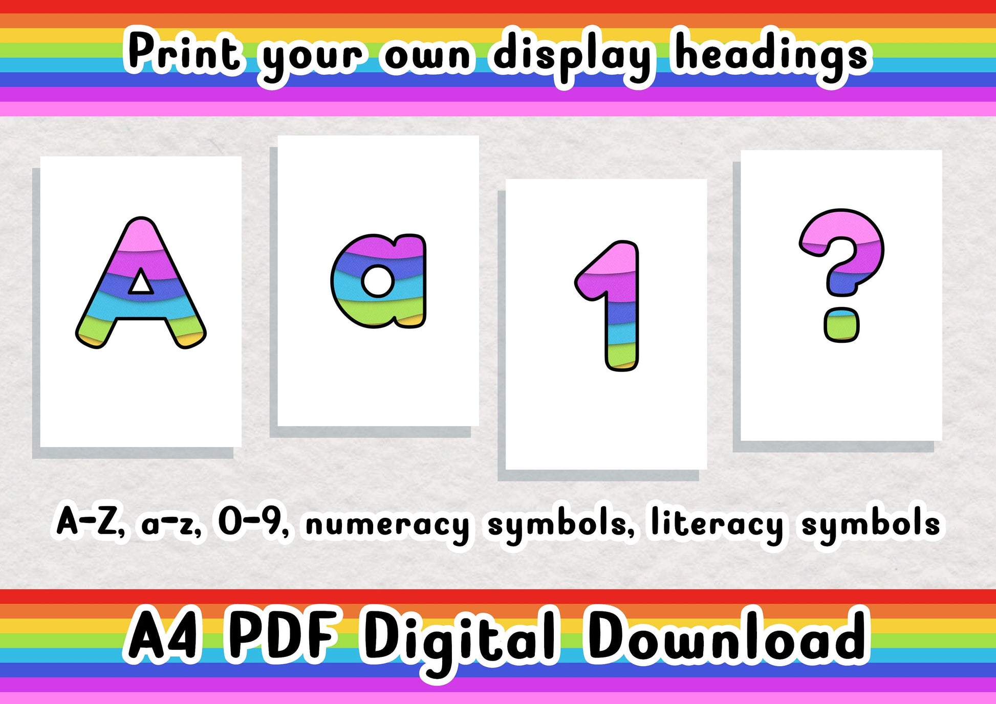 Rainbow printable display bulletin letters numbers symbols grammar classroom boards print and cut teacher download