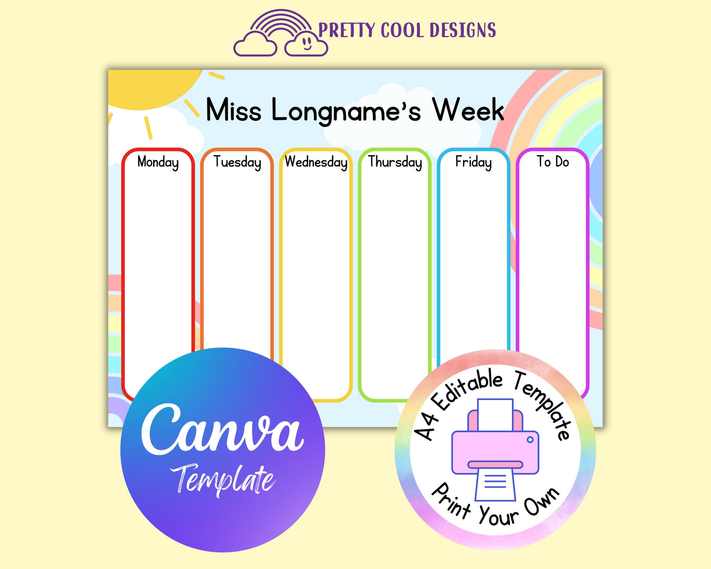 Rainbow Weekly Planner Canva Template: Editable Teacher Printable (Digital Download)