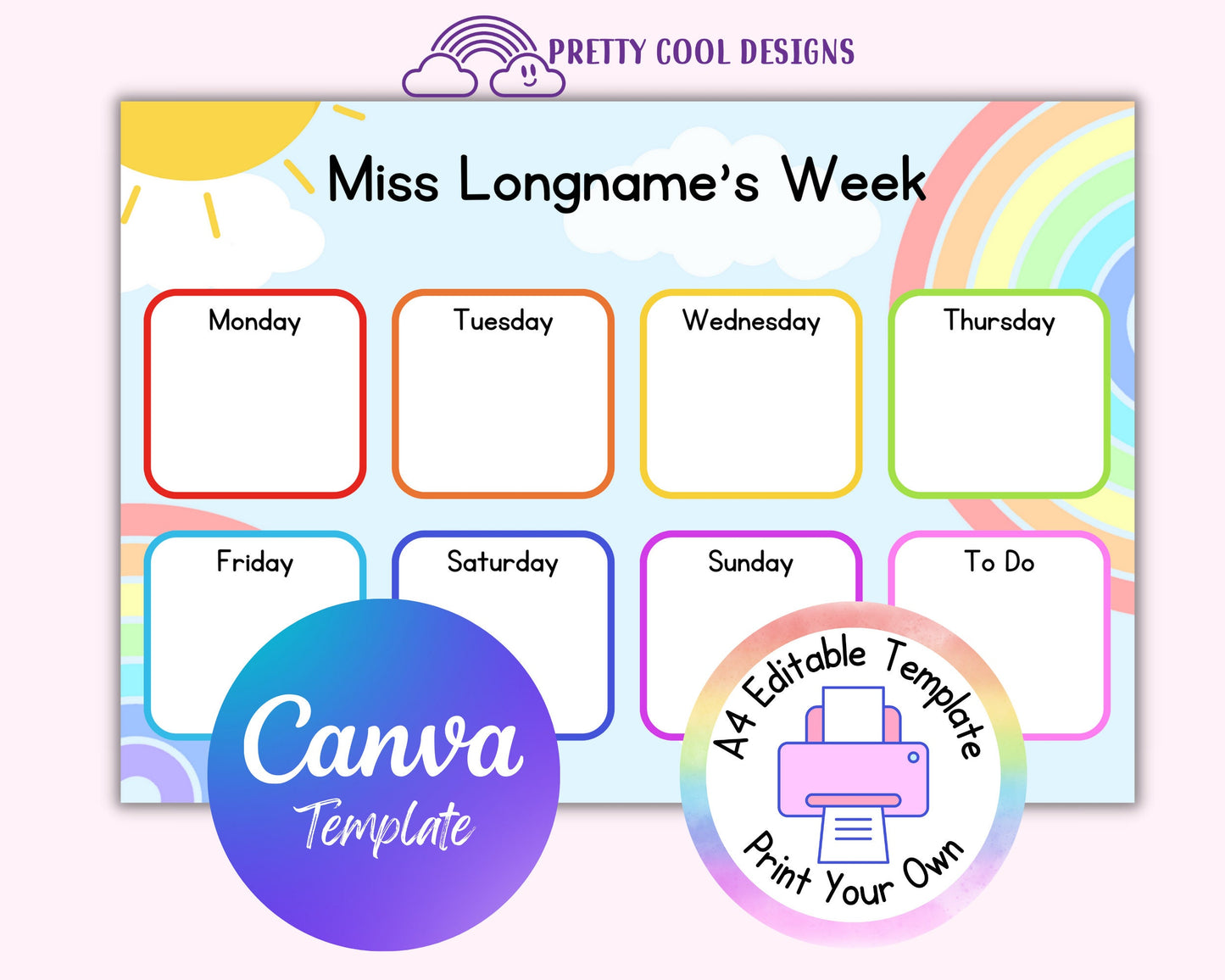 Rainbow Weekly Planner Canva Template: Editable Teacher Printable (Digital Download)