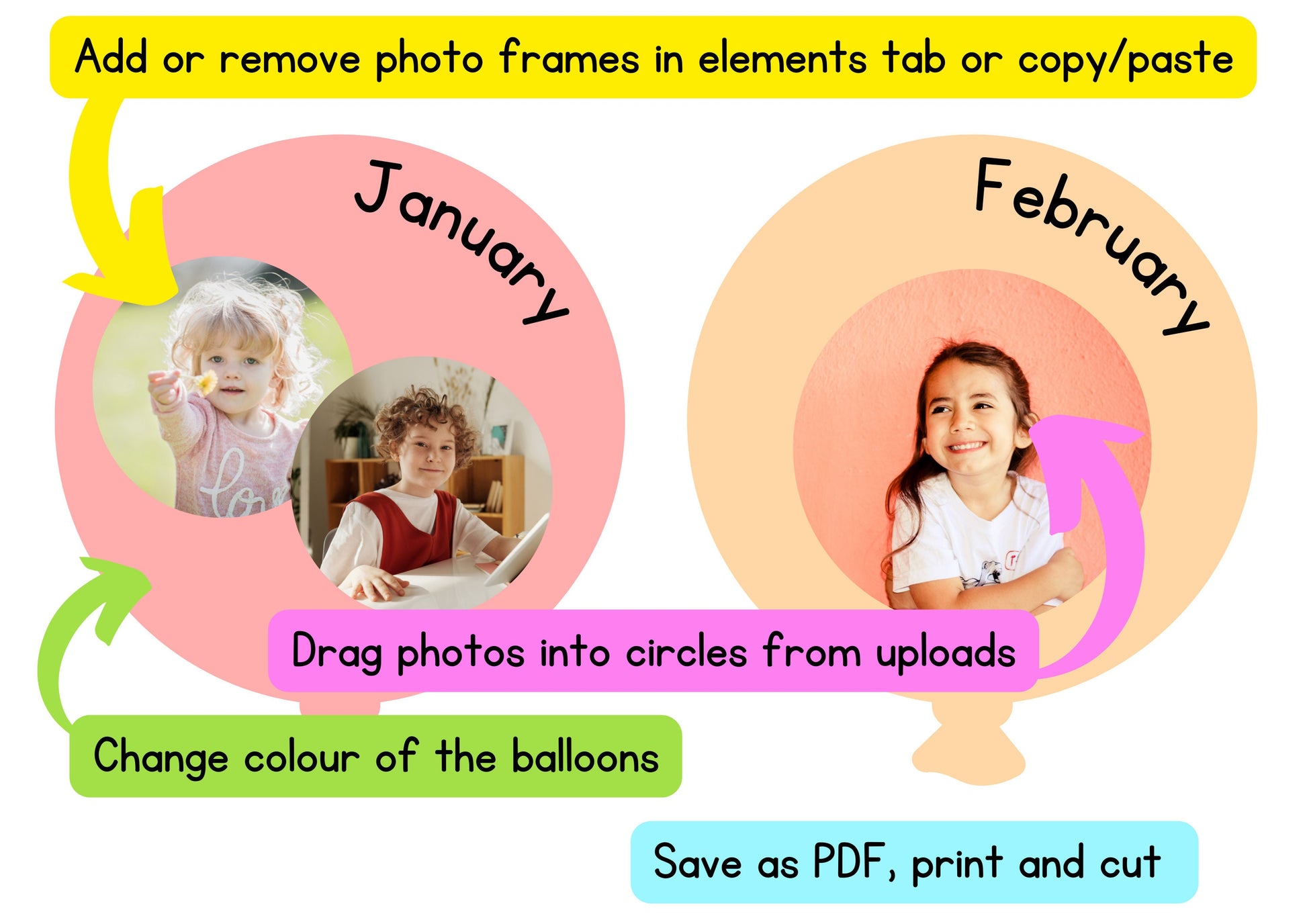 Canva Template Rainbow Photo Balloons | Birthday Display | Editable Display Teachers | Printable Template Edit and Print | Download Print