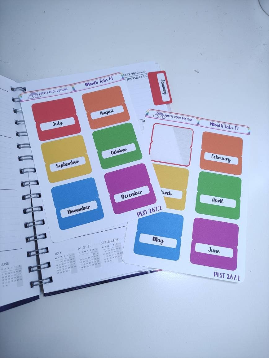 Monthly Planner Stickers, Journal Tabs, Diary Decor, Scrapbooking (1 Sheet)
