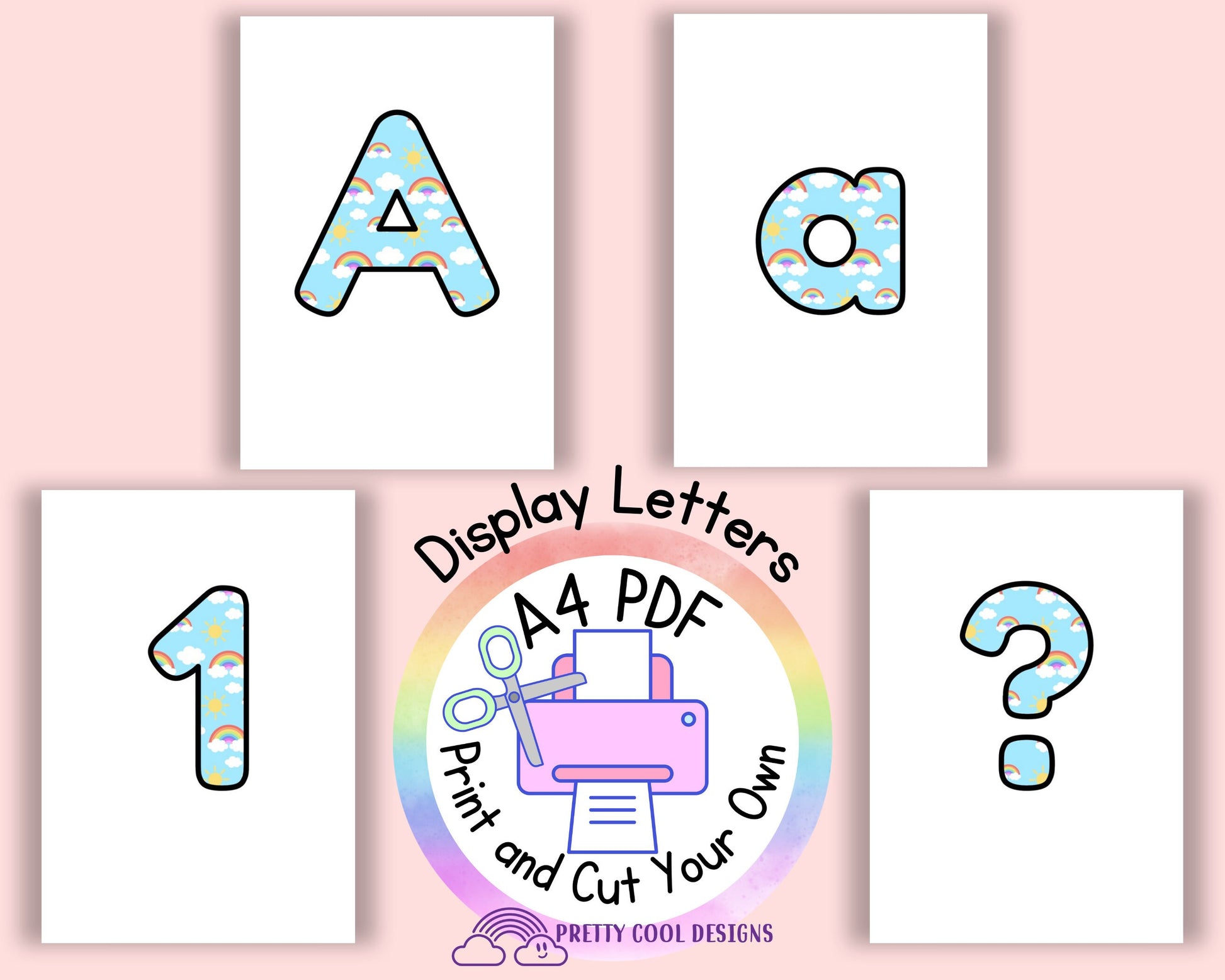 Rainbow | printable display | bulletin | letters numbers symbols | classroom | print and cut