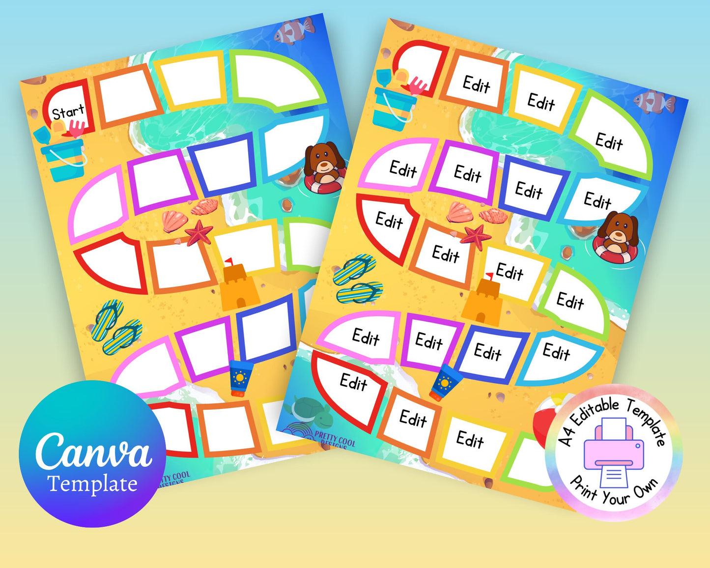 Printable Game Board Template Editable Activity Printable Canva PDF JPG Digital Download Print Your Own Summer Beach Theme