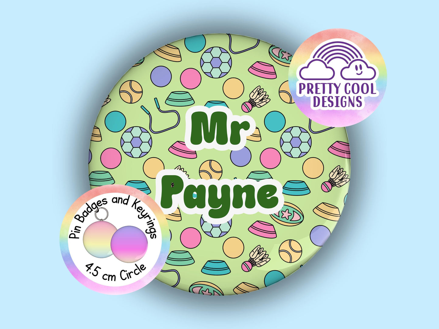 PE physical education personalised teacher badge or keyring - 45 mm - teacher themed hand drawn designs - add your name - teacher gift