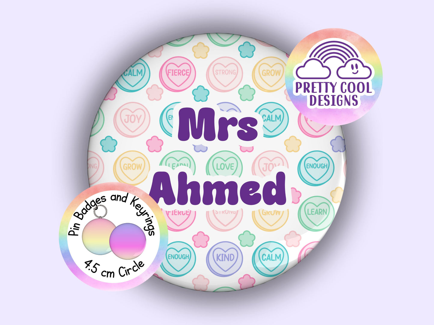 Love candy affirmation personalised badge or keyring - 45 mm - pretty hand drawn design - add your name - Christmas gift