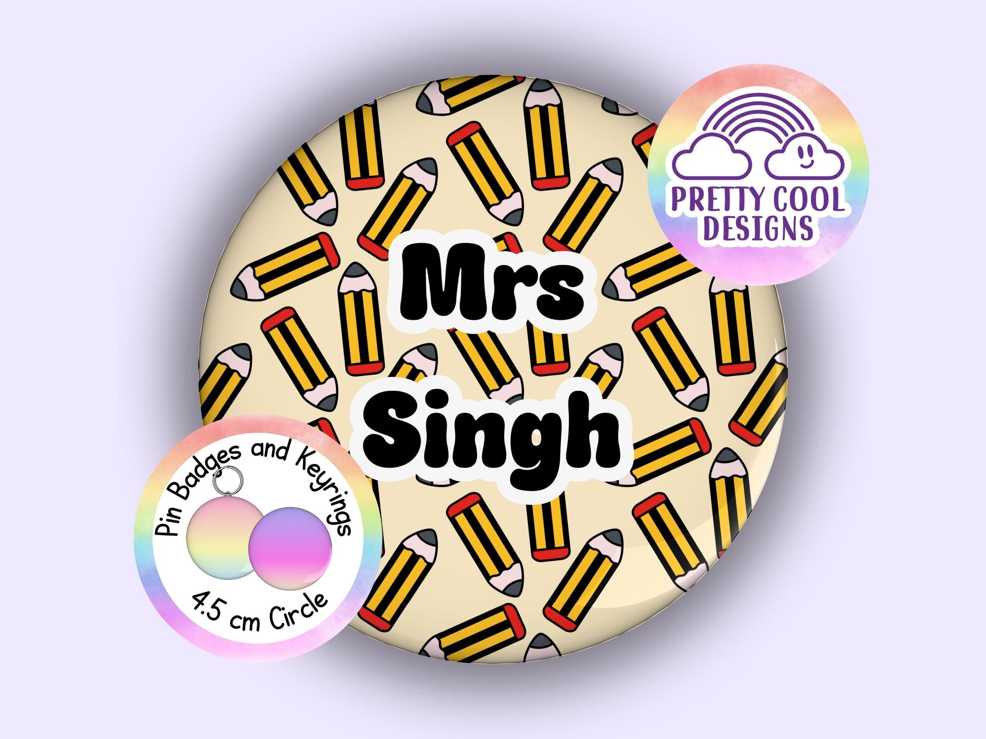 School pencil personalised teacher badge or keyring - 45 mm - teacher themed hand drawn design - add your name - teacher gift