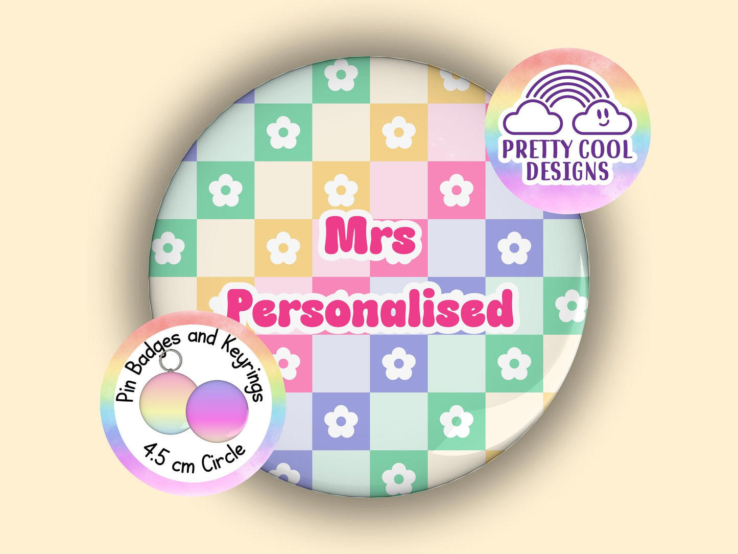 Floral pastel pattern personalised badge or keyring - 45 mm - pretty hand drawn design - add your name - Christmas gift