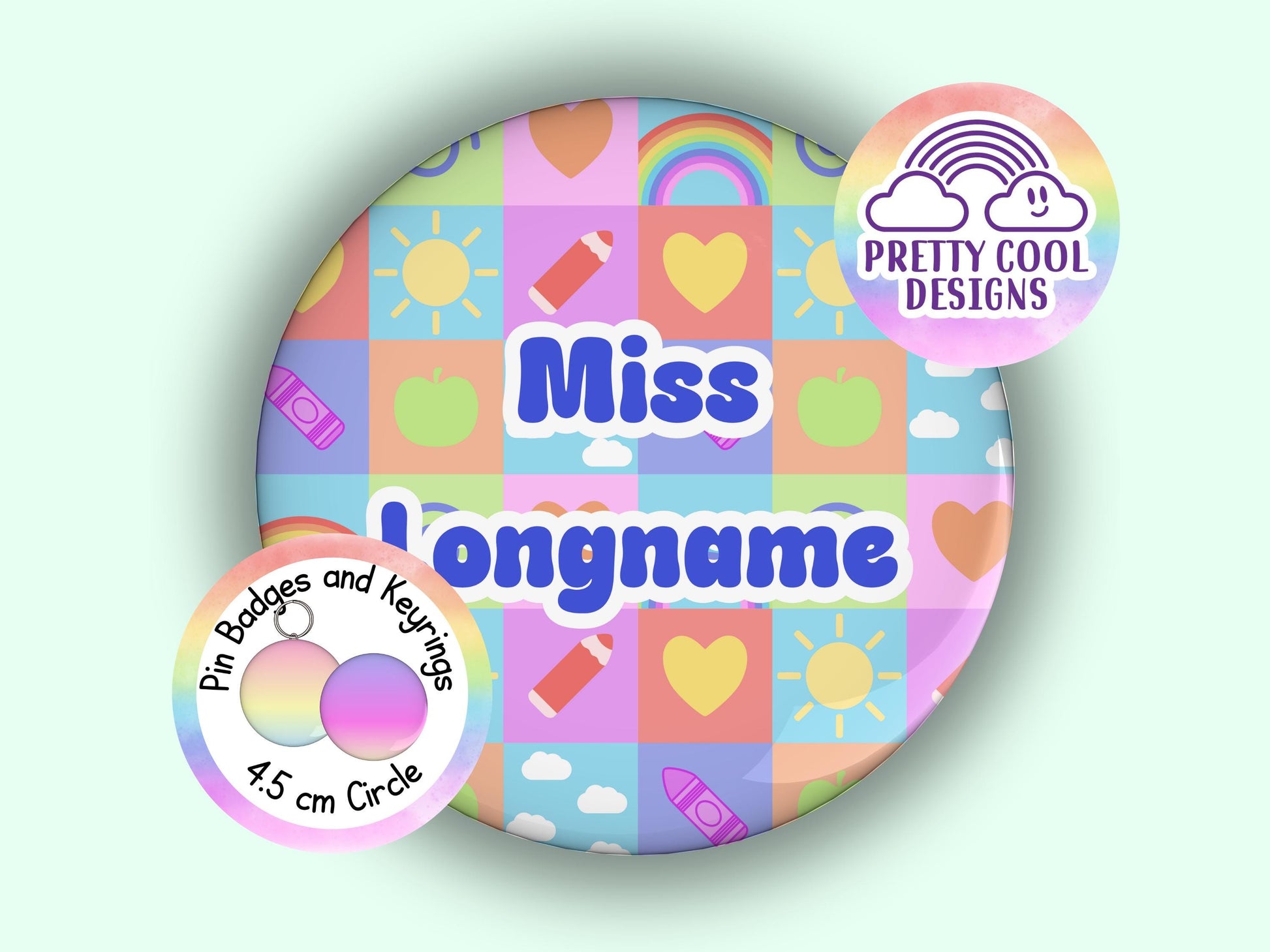 Rainbow patchwork personalised teacher badge or keyring - 45 mm - teacher themed hand drawn designs - add your name - teacher gift