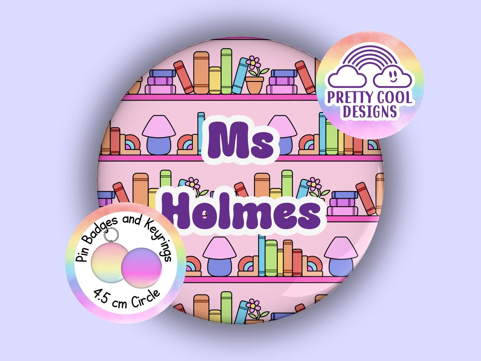 Pink bookshelf personalised teacher badge or keyring - 45 mm - reader themed hand drawn design - add your customised name - reader gift