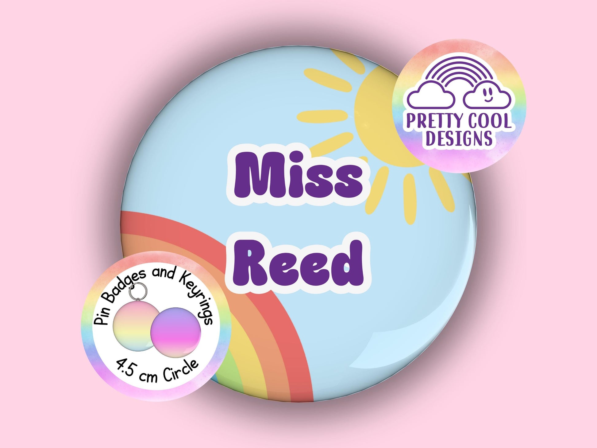 Rainbow personalised teacher badge or keyring - 45 mm - pretty hand drawn design - add your name - perfect gift