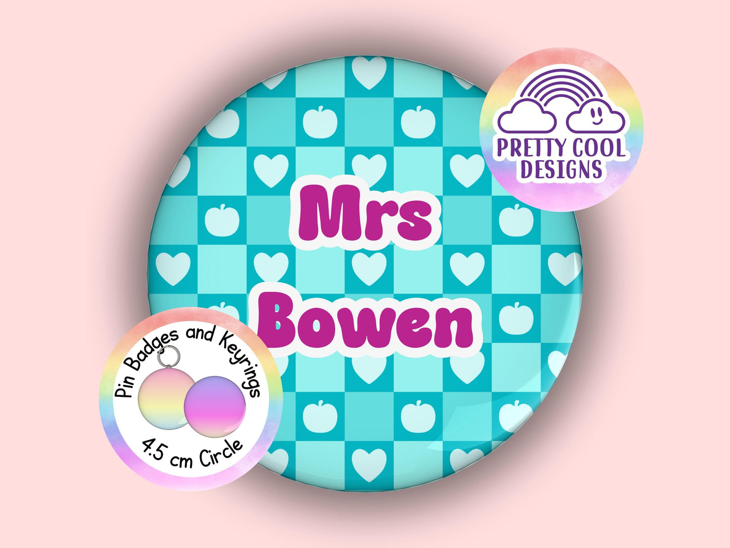 Personalised teacher badge or keyring - 45 mm - teacher themed hand drawn design - add your customised name - teacher gift