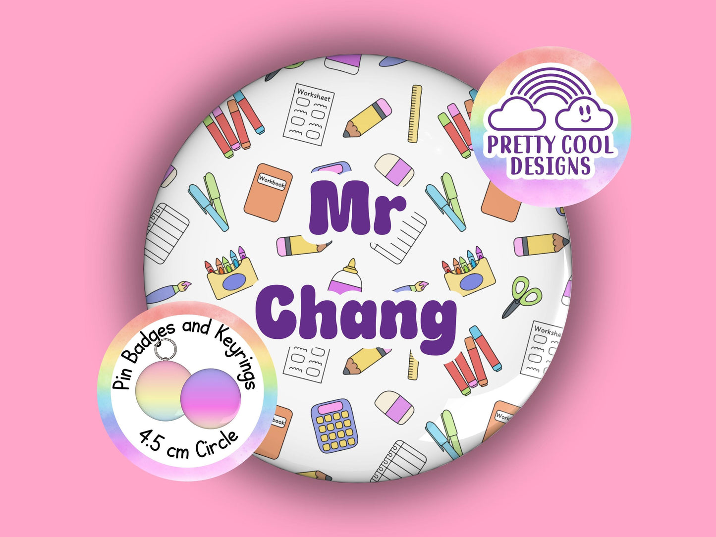 Stationery personalised teacher badge or keyring - 45 mm - teacher themed hand drawn design - add your customised name - teacher gift