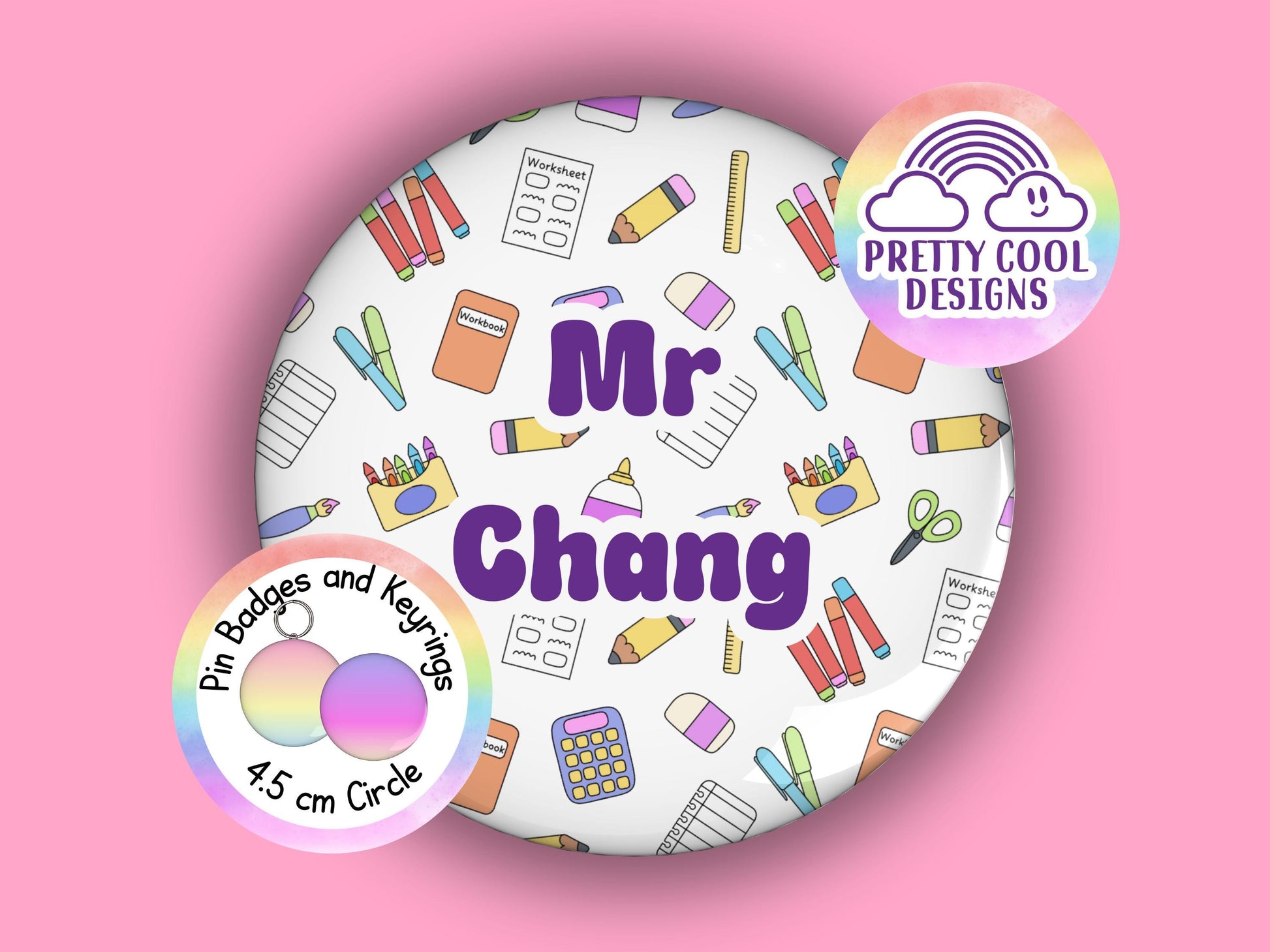 Stationery personalised teacher badge or keyring - 45 mm - teacher themed hand drawn design - add your customised name - teacher gift
