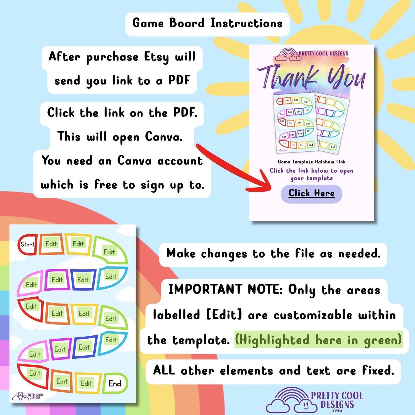 Printable Game Board Template Editable Activity Printable Canva Digital Download Print Your Own Rainbow