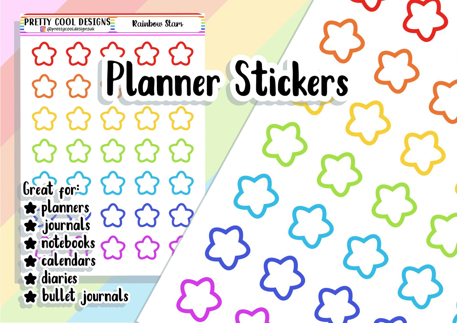Rainbow Stars Planner Stickers UK - 1 Sheet