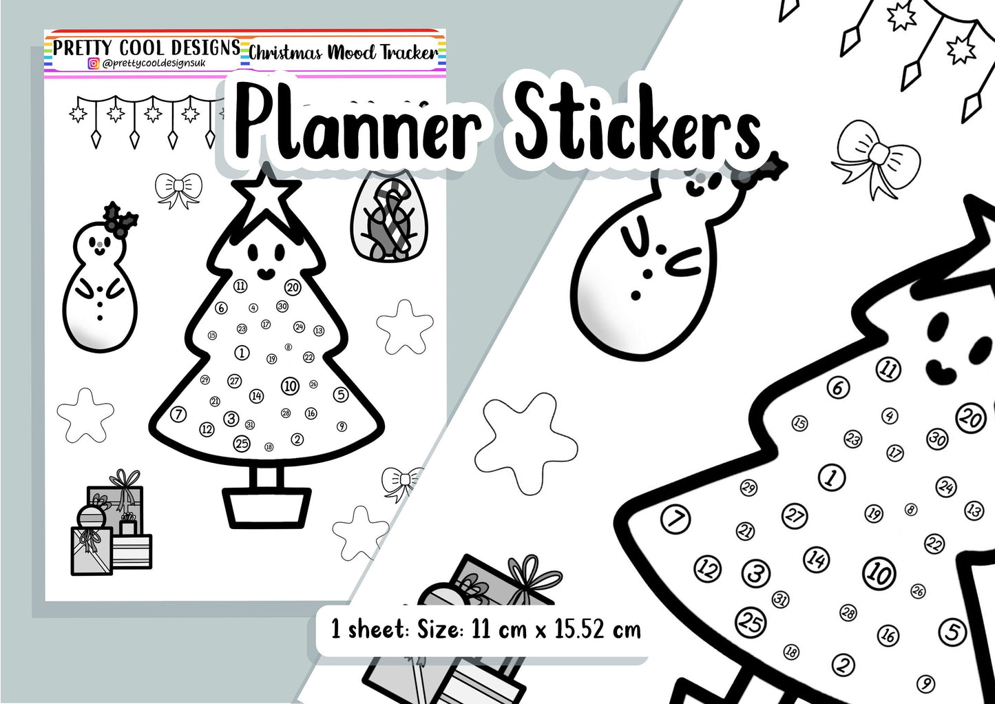 Christmas Bujo Mood Tracker Black and White Planner Stickers Bullet Journal UK - 1 Sheet