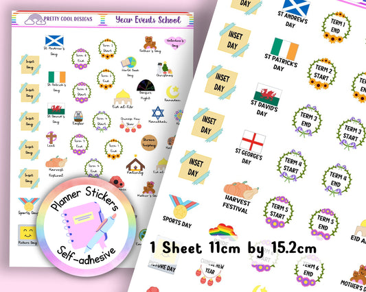 School Teacher Year Events Organiser Events Dates Teacher Student Planner Stickers UK - 1 Sheet
