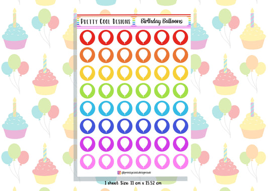 48 Rainbow Birthday Balloon Planner Stickers UK - 1 Sheet