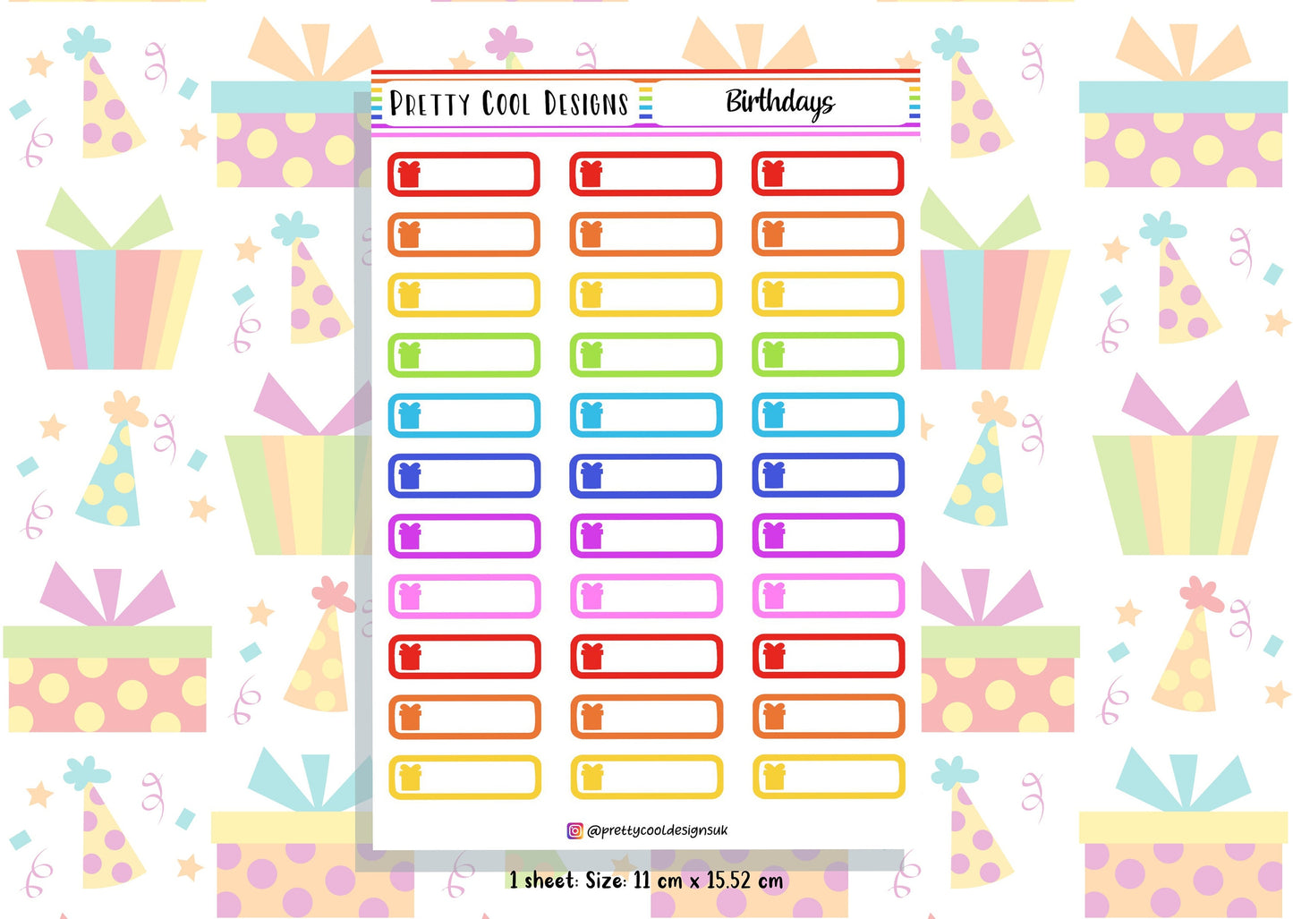 33 Rainbow Birthday Planner Stickers UK - 1 Sheet