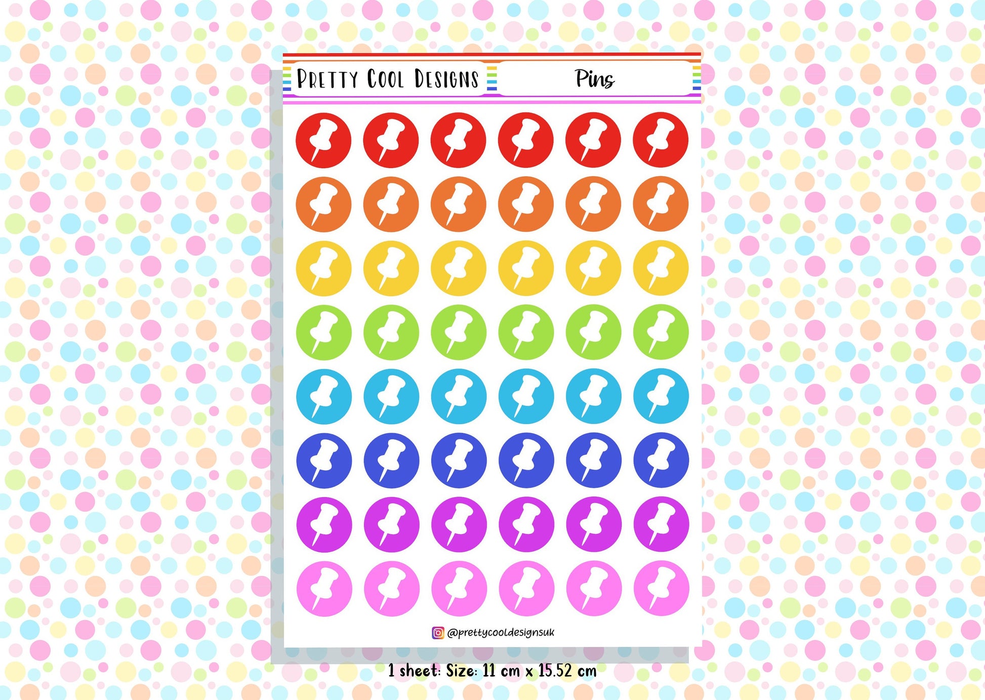 48 Rainbow Pin Planner Stickers UK - 1 Sheet