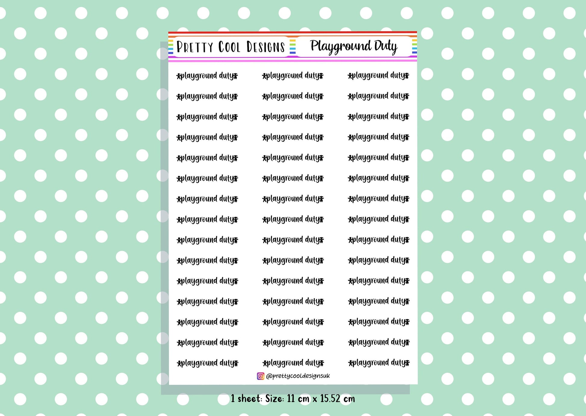 Playground Duty Teacher Planner Stickers UK - 1 Sheet