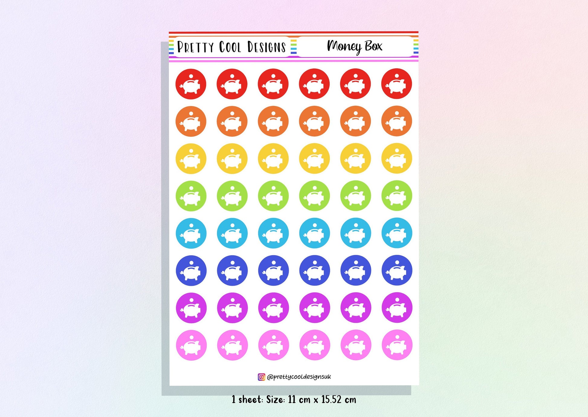 48 Rainbow Money Box Planner Stickers UK - 1 Sheet