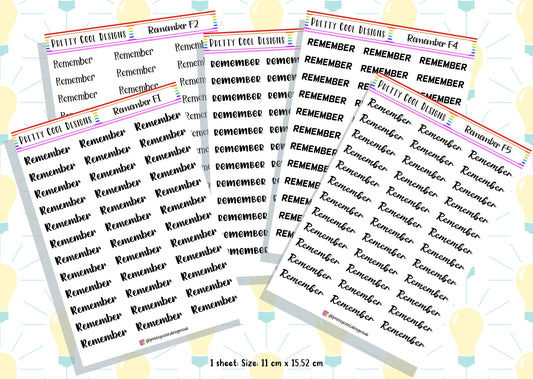 36 Remember Planner Stickers UK with Font Choices - 1 Sheet