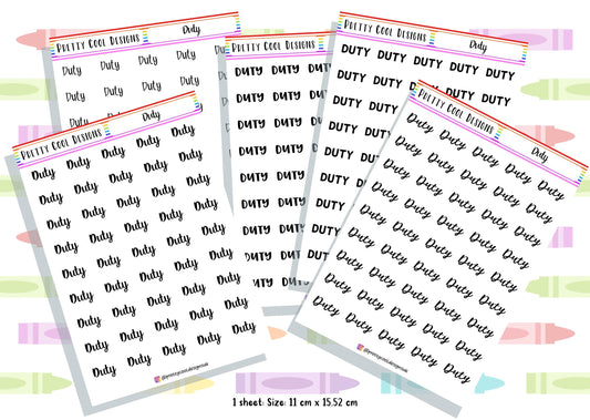 Duty Planner Stickers UK with Font Choices - 1 Sheet