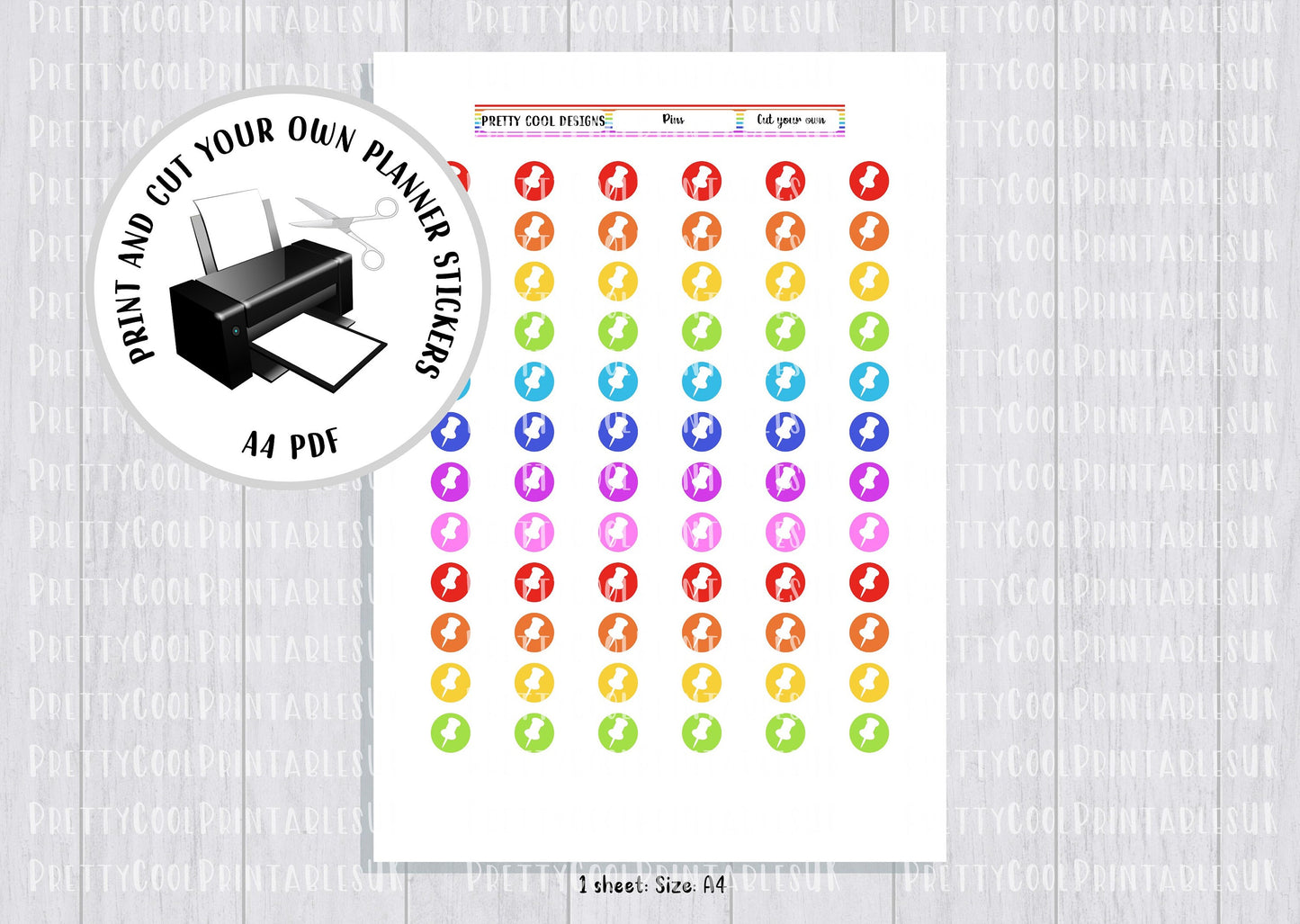Pins Rainbow Printable Planner Stickers PDF Print and Cut