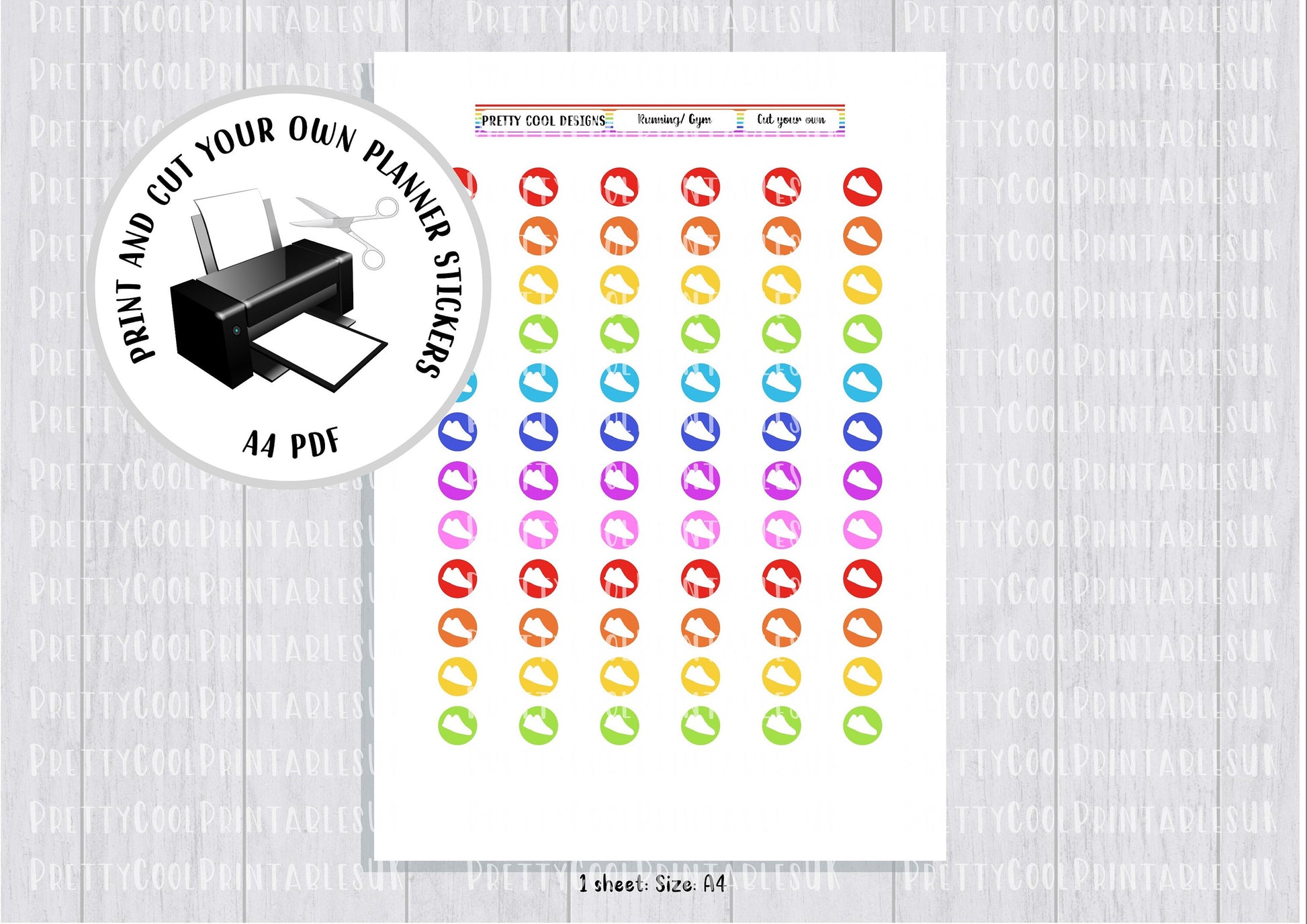Running Gym Trainers Rainbow Printable Planner Stickers PDF Print and Cut