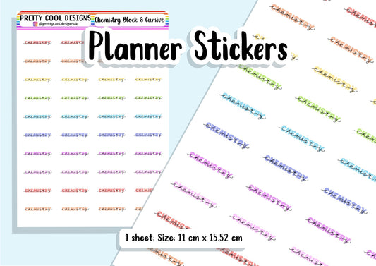 40 Chemistry Science Subject Teacher Student Planner Stickers UK - 1 Sheet - Block and Cursive