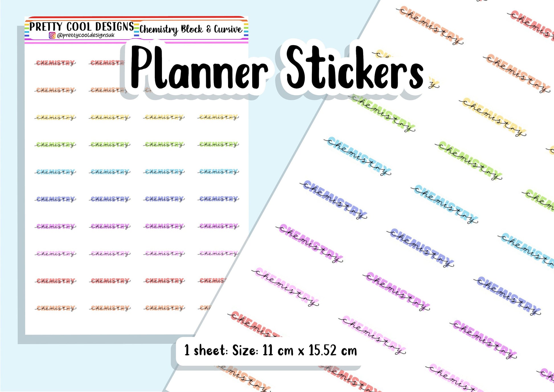 40 Chemistry Science Subject Teacher Student Planner Stickers UK - 1 Sheet - Block and Cursive